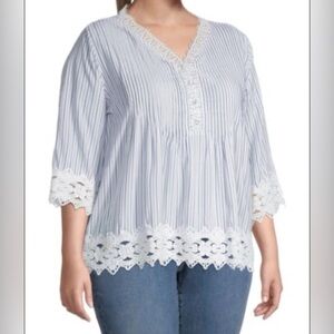 Chelsea & Theodore Crocheted Lace Trim Pullover Cottagecore Stripe Blouse Sz 1x